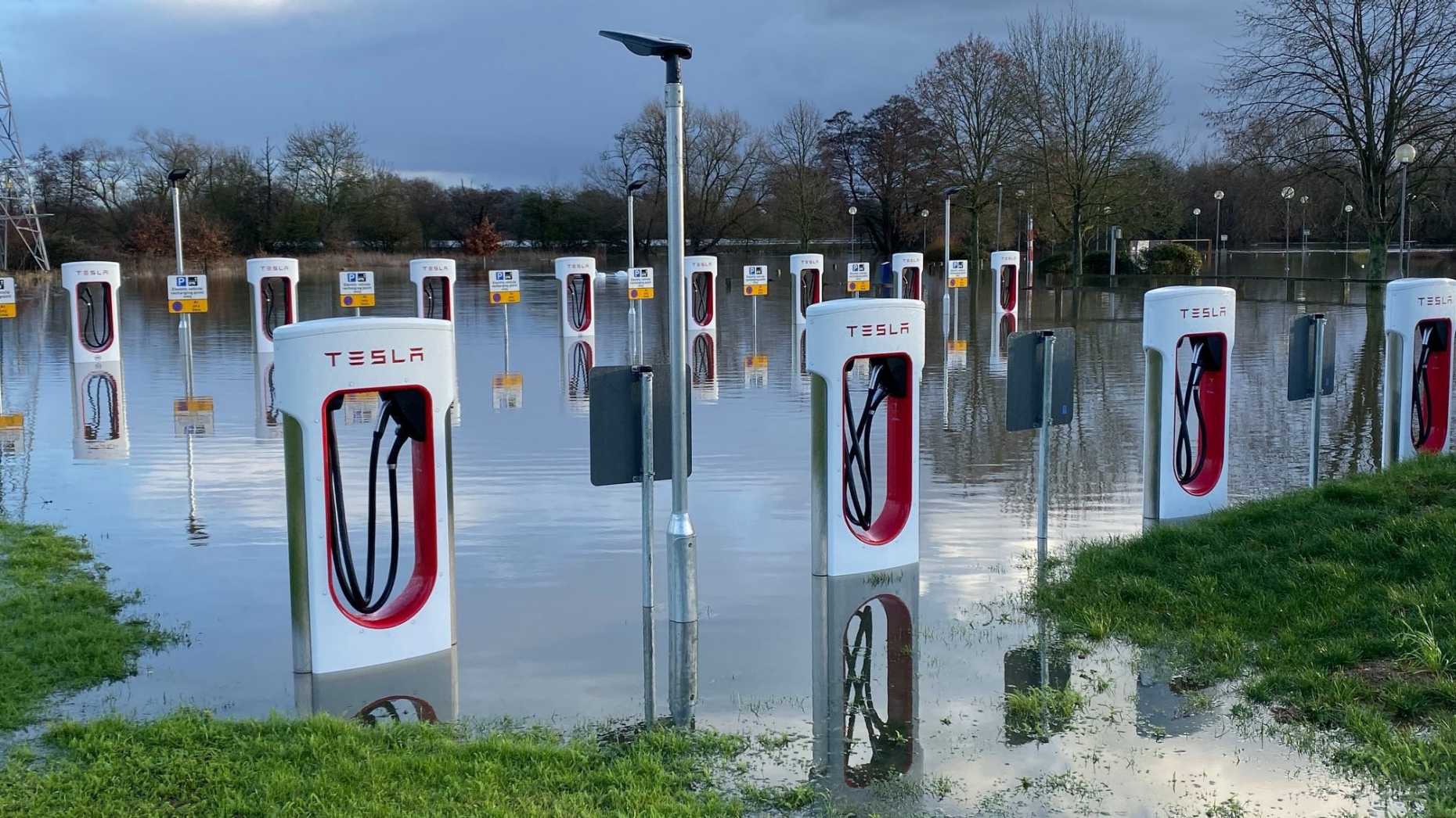 Public EV chargers flooded in Wokingham, UK, from rains in 2019. 